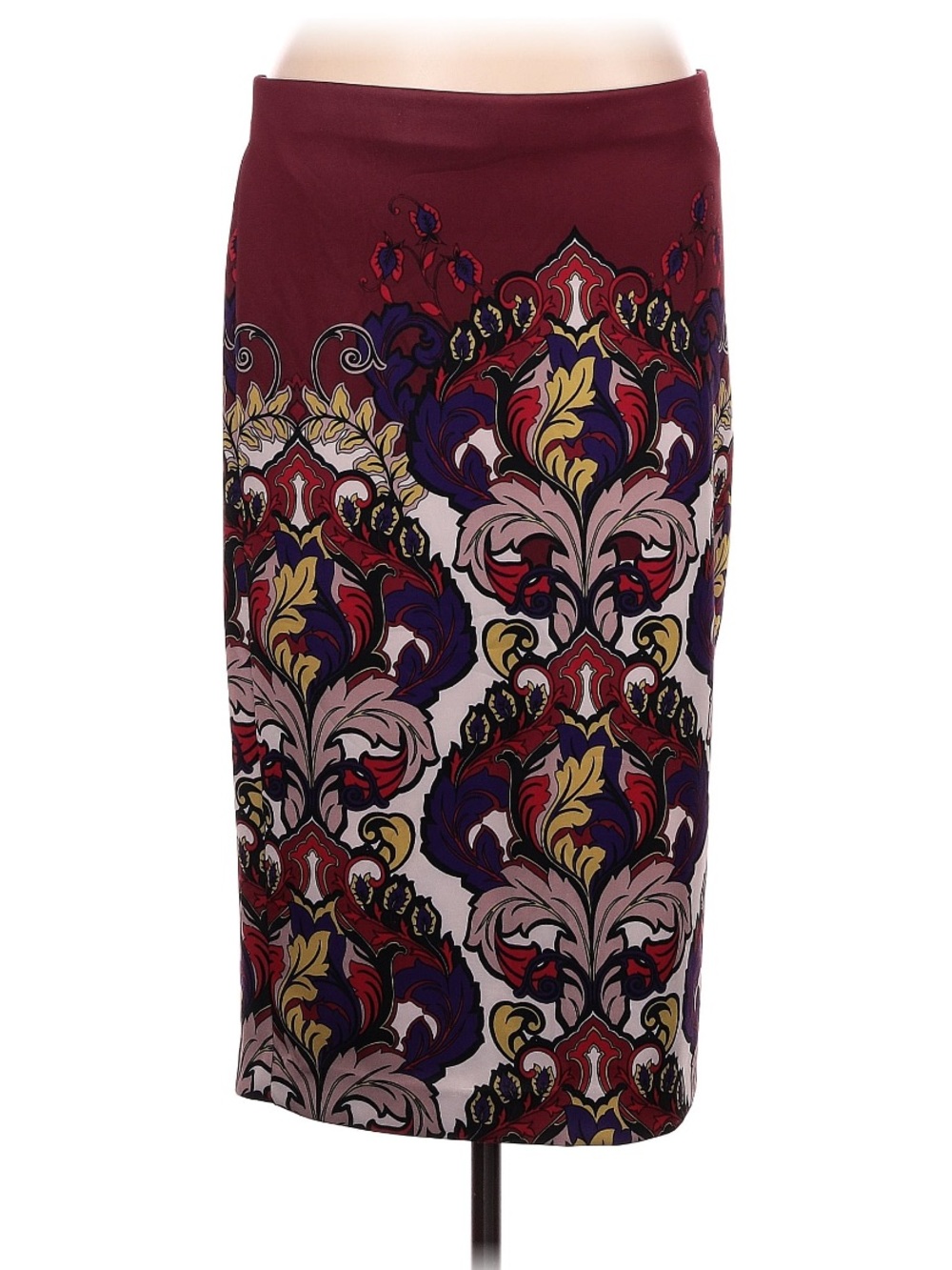 New York & Company Burgundy Pencil Skirt with Multicolor Baroque Print